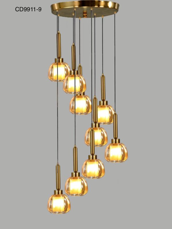 Gold 9-Light Pendant Chandelier with Glass Shades